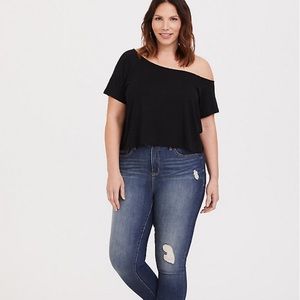 Super Soft Black Off Shoulder Crop Tee